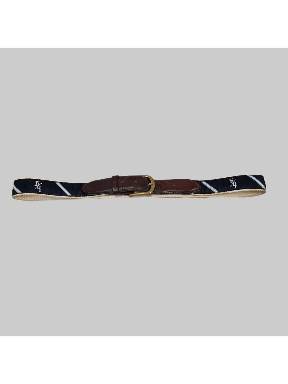 YRI Seminole Golf Club Needlepoint Mens Belt Navy Blue Leather  34 Ribbon Canvas